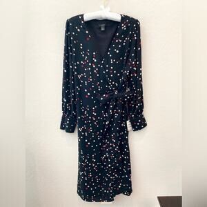 HALOGEN | Black Mixed Dot Wrap Dress Long Sleeve Tie Waist NWT | Size Small